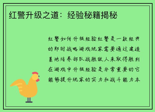 红警升级之道：经验秘籍揭秘